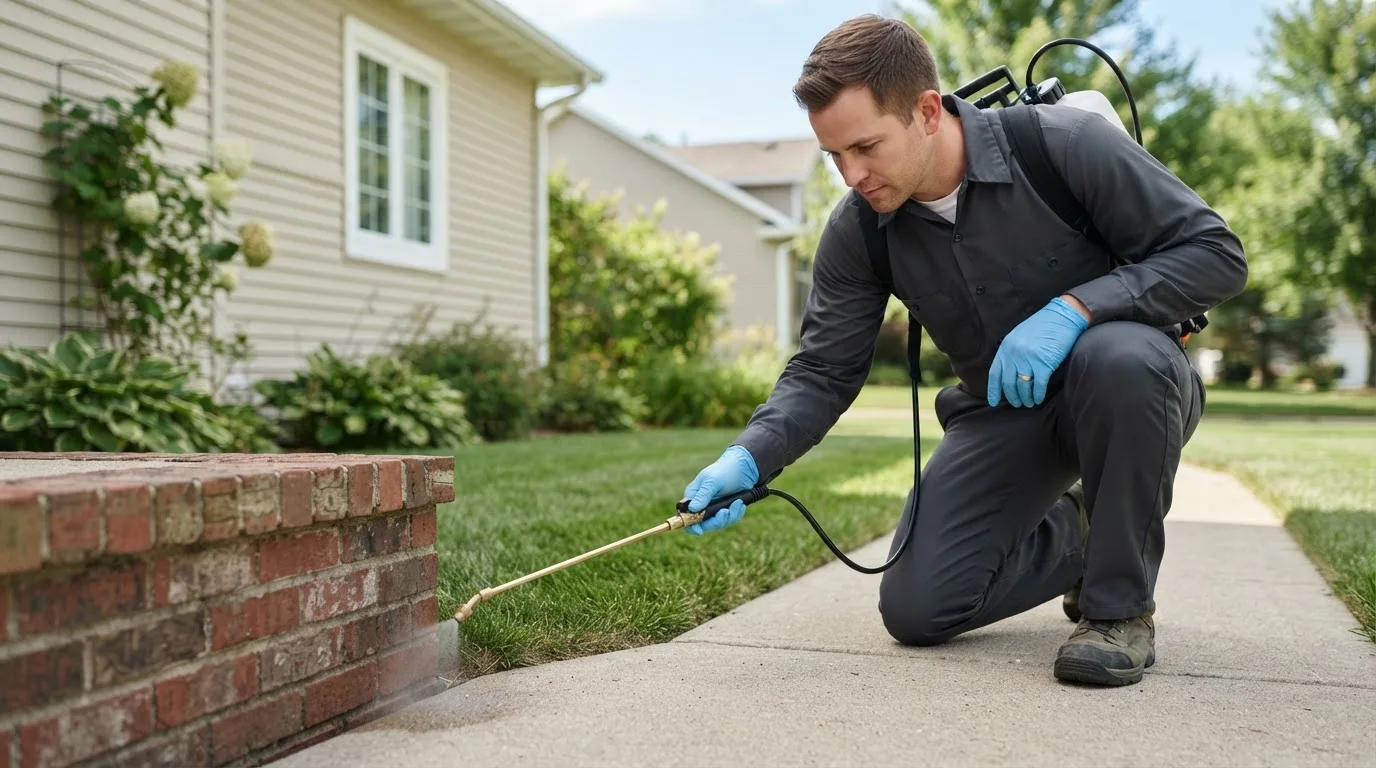 Pest control technician treating a home near Rancho Cucamonga, CA